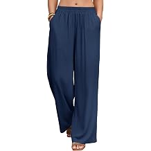 Yusongirl Linen Wide Leg Pants Women Palazzo Summer Flowy Pants Beach Vacation Elastic Waist Travel Trousers with Pockets