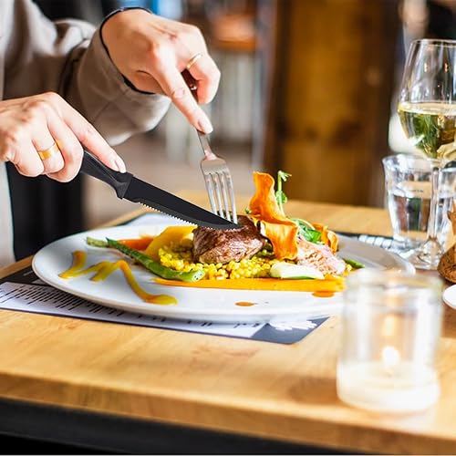 Miniatura 5 de dearithe Juego de 12 cuchillos para carne, acero inoxidable dentado negro dentado de hoja afilada, 4.5 pulgadas, para restaurante, vajilla, cocina,