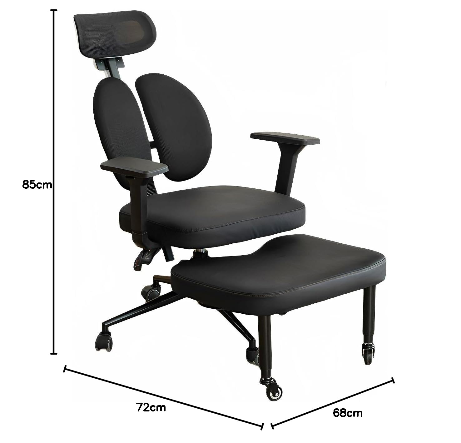 Ergonomischer Kniestuhl mit Rückenlehne, Schwarz, Bürostuhl mit Armlehnen und Fußstütze, Verstellbarer Doppelrücken-Kniehocker auf Rollen