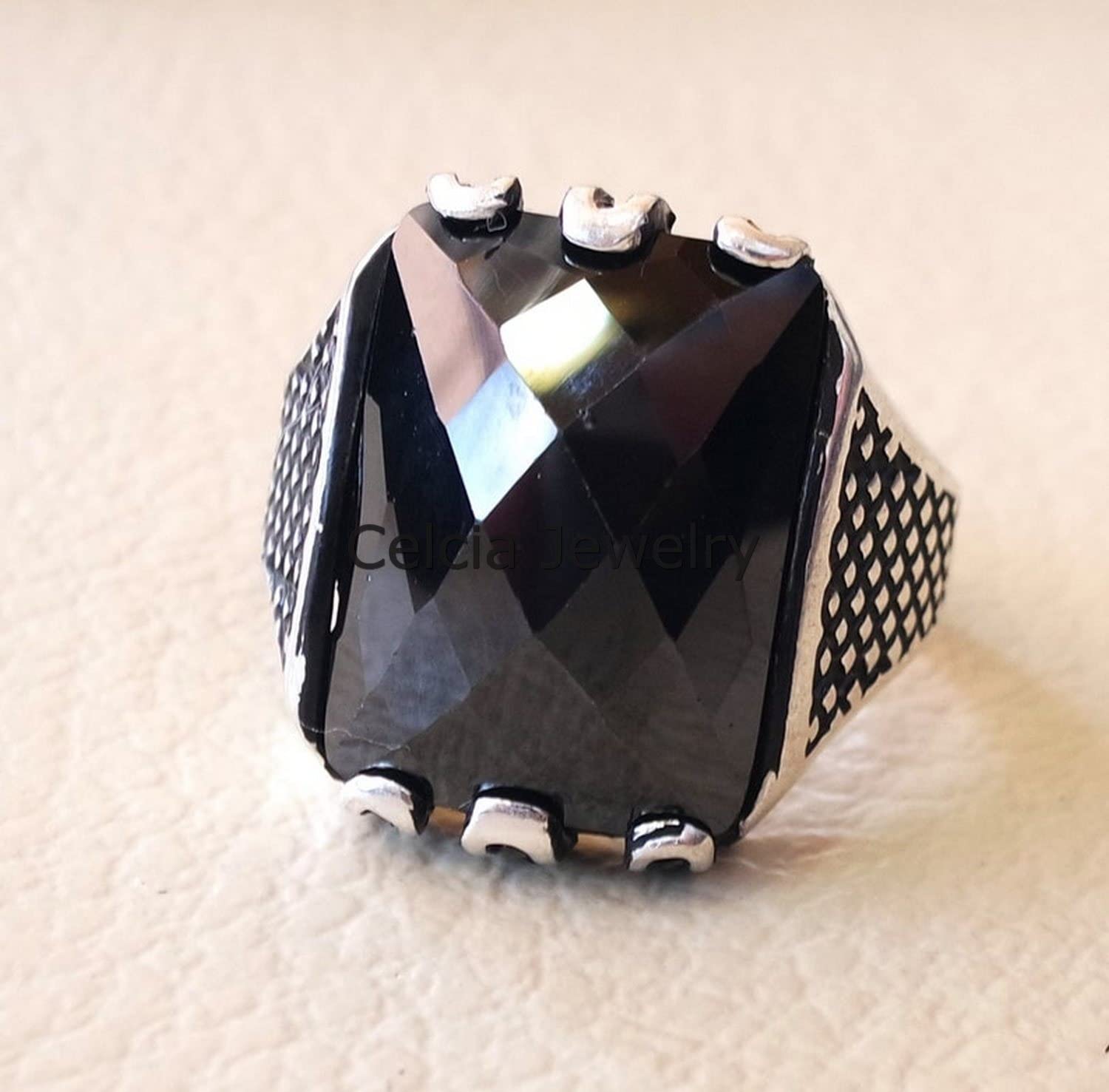 Anillo de estilo oriental de oriente medio con piedras preciosas de ónix negro, anillo de declaración de plata de ley 925 real, anillo de sello para hombres, regalos de compromiso