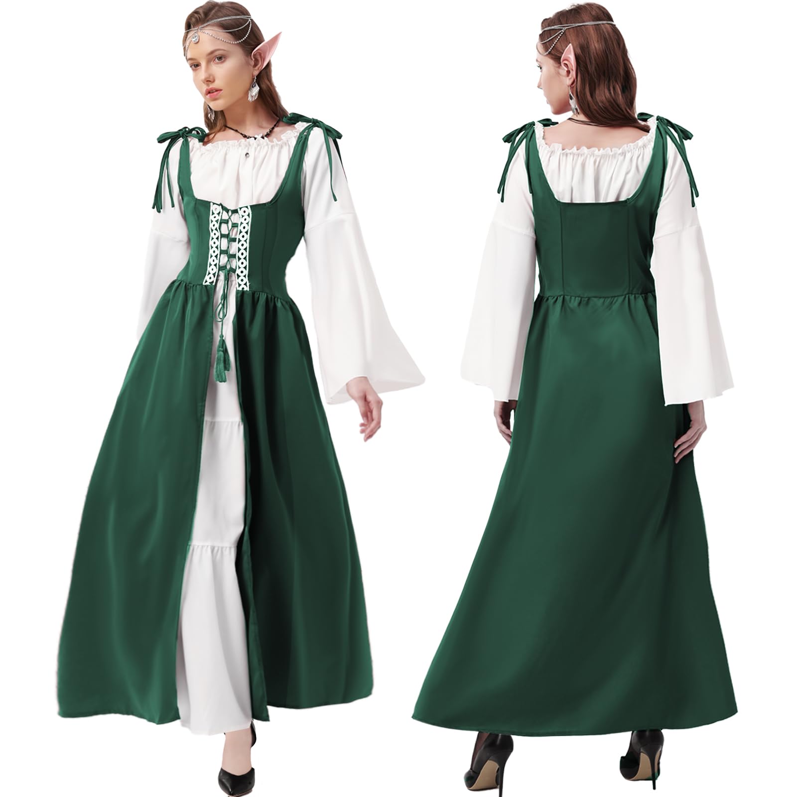 Joellfuner Vestido Medieval Para Mujer, Vestido Renacentista, Disfraz Irlandés con Sobrevestido, Medieval Mujer Vintage con Cabeza, Collar de Flores, Orejas de Elfo, Cosplay de Halloween