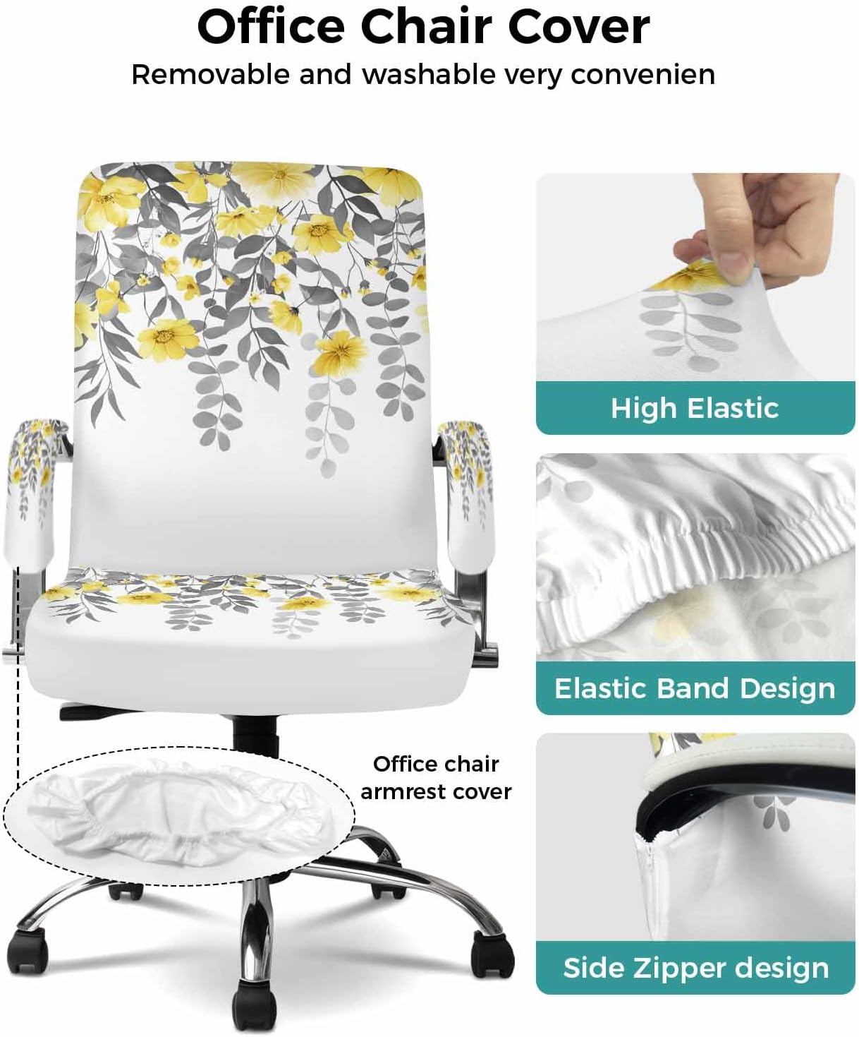 Yellow Floral Office Chair Covers with Armrest Covers, Rotating Chair Cover, Farmhouse Spring Flowers Leaves Armchair Slipcovers Decorative Backrest Seat Protectors, Large
