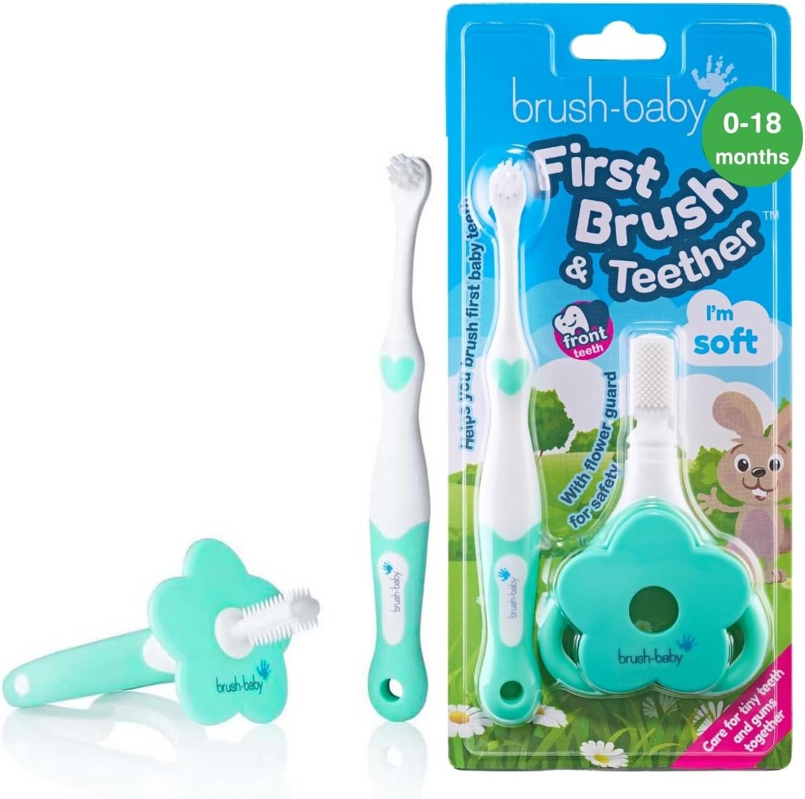 Brush Baby Toothbrush & Teether Set with Soft Bristles for 0-18 Months - Safe BPA-Free First Brush with Long Handle & Gum Massaging Teether - Award-Winning Dental Care Kit for Early Oral Hygiene - Amazon product rated Grade A