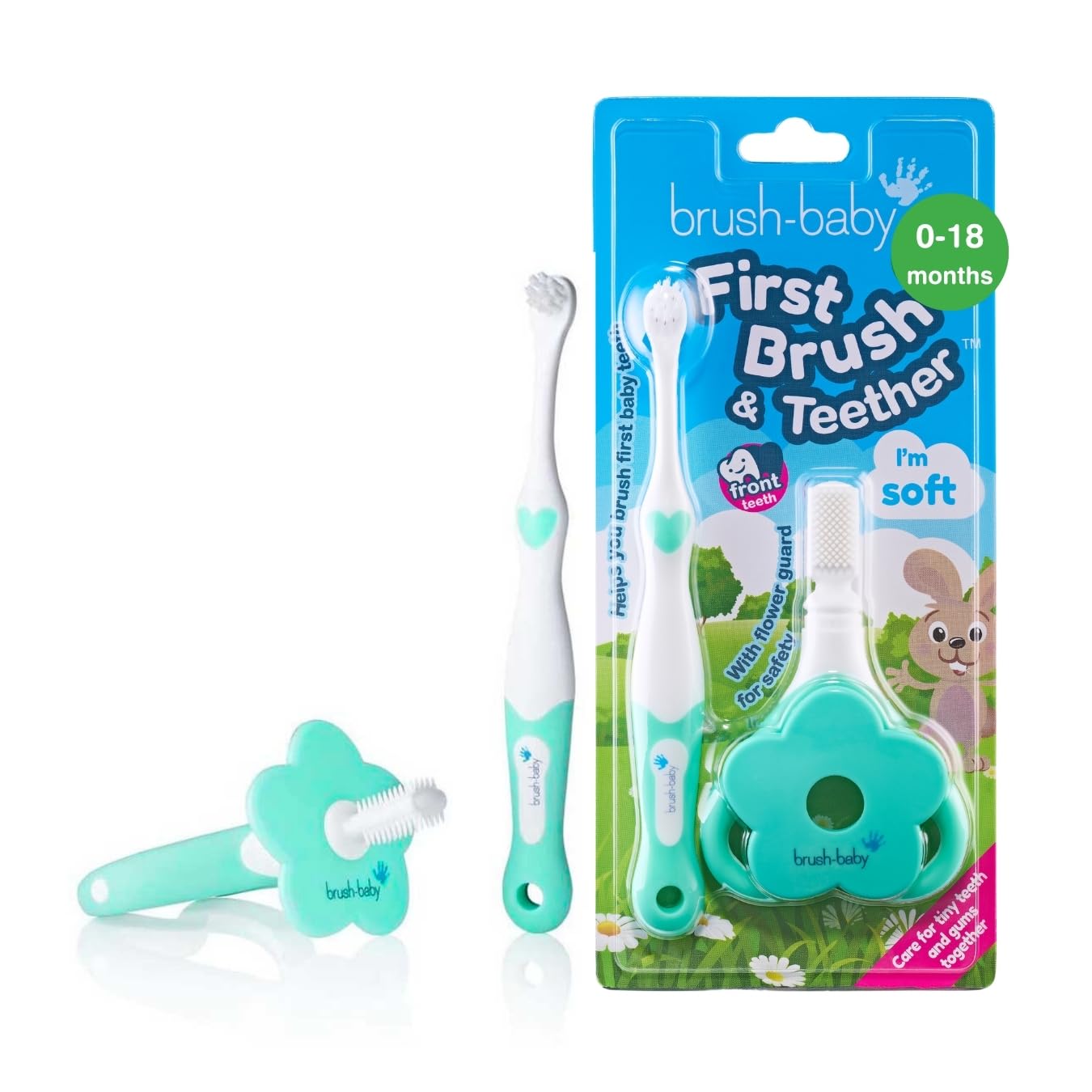 Brush Baby Toothbrush & Teether Set with Soft Bristles for 0-18 Months - Safe BPA-Free First Brush with Long Handle & Gum Massaging Teether - Award-Winning Dental Care Kit for Early Oral Hygiene