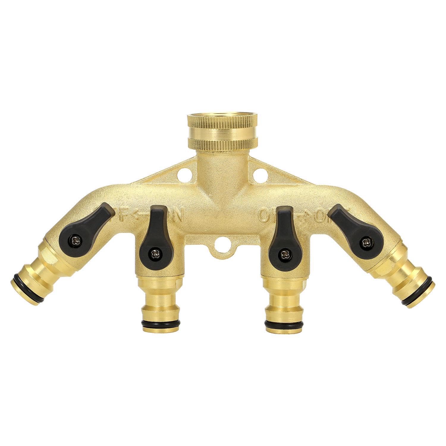 4 Way Solid Brass Garden Hose Splitter | Heavy-Duty Outdoor Tap Connector with Individual On/Off Valves | 3/4" Utility Hose Distributor for Watering & Irrigation