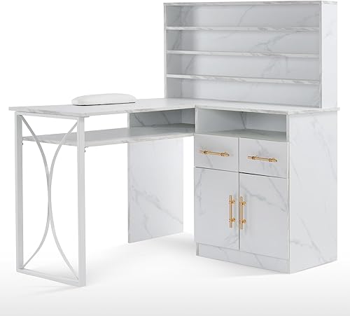 BarberPub Escritorio de uñas en forma de L para almacenamiento, mesa de manicura versátil con cajones, escritorio de uñas con gabinetes, estación de