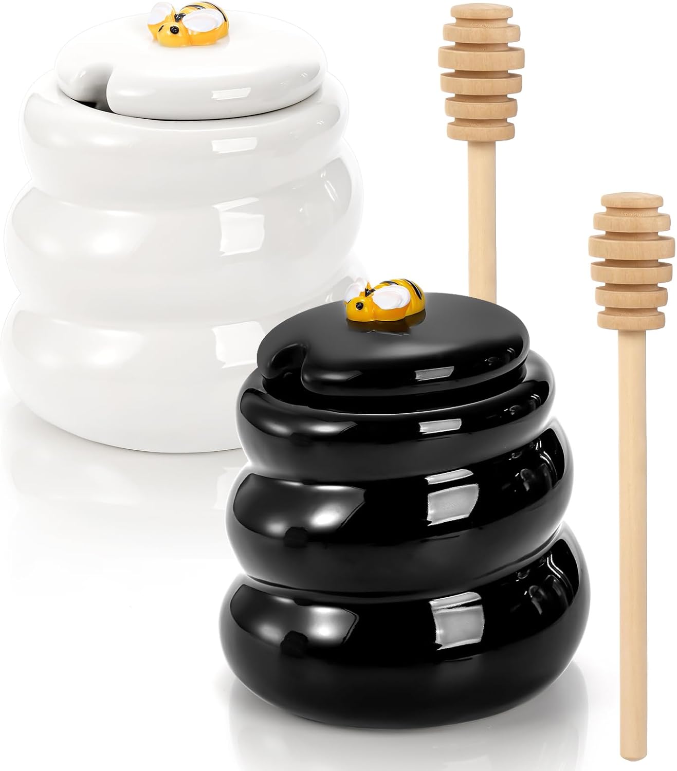 Elsjoy Set of 2 Ceramic Honey Pot with Lid and Wooden