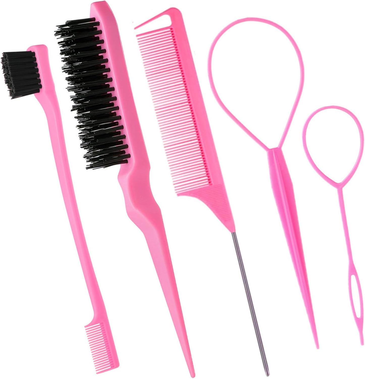 5 Piece Hair Styling Tool Set with Boar Bristle Brush Rat Tail Comb and Loop Needle Ideal for Women Hair Parting Detangling and Dyeing Pink