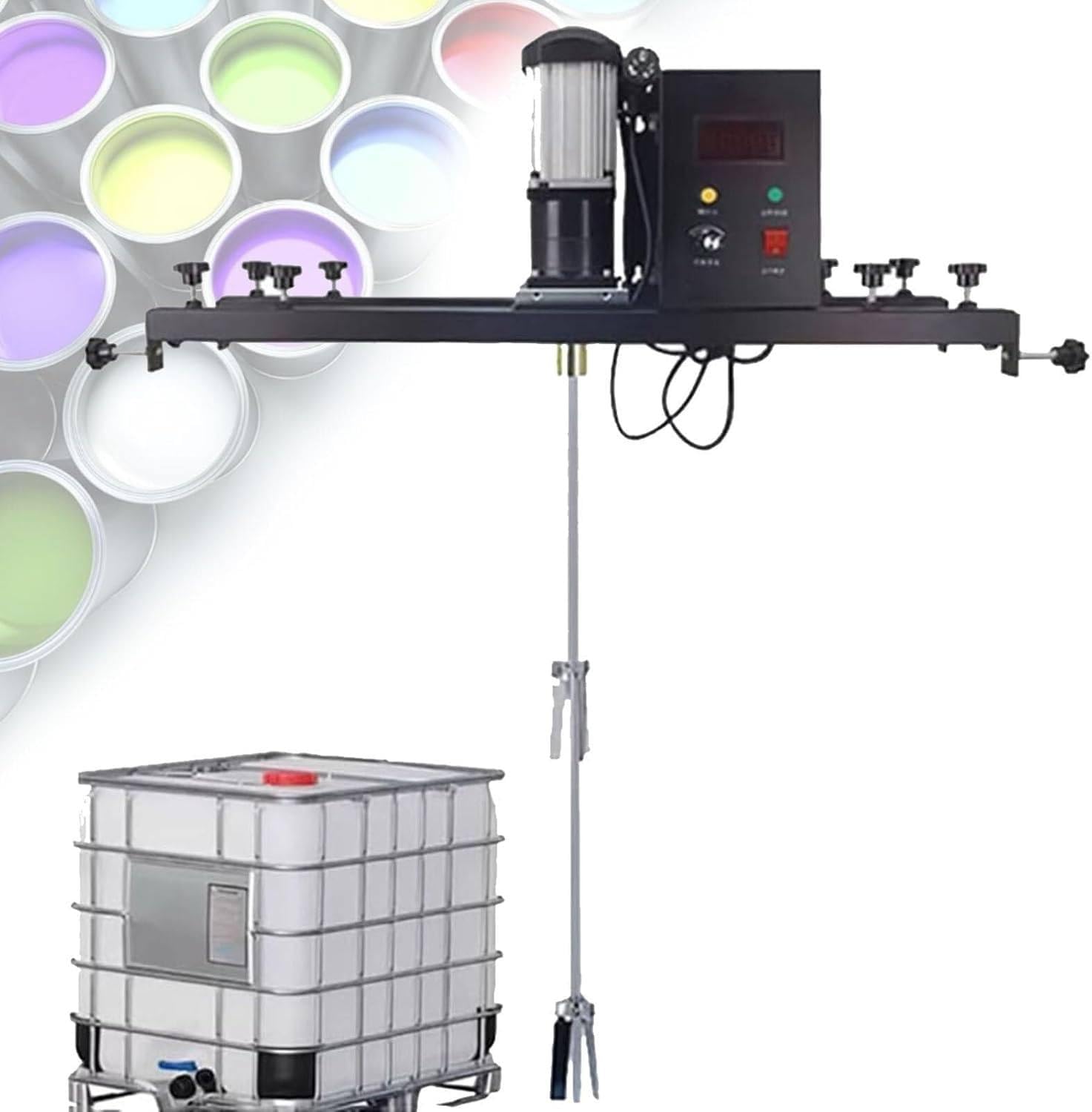 Mezclador de pintura eléctrico comercial de alta potencia de 980 W con soporte para colgar, capacidad de 1 tonelada para líquidos de viscosidad media a alta, ideal para uso industrial y profesional.