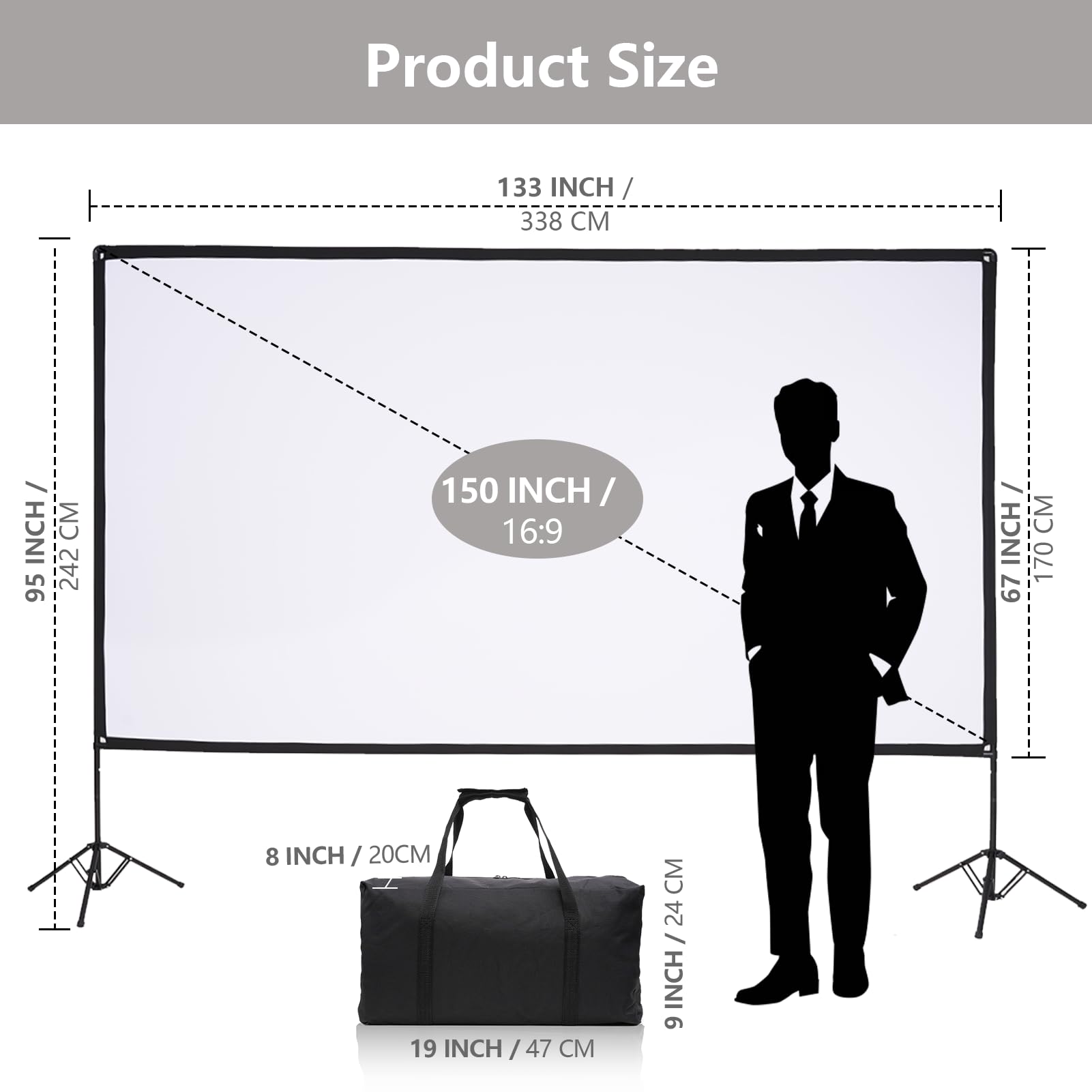 EMART Telo Proiettore di Proiezione 150 Pollici 4K HD con Set Supporto, Lo Sfondo Può Essere Proiettato su Entrambi i Lati, Adatto per La Visione di Film in Sala, Riunioni ed Eventi All'aperto