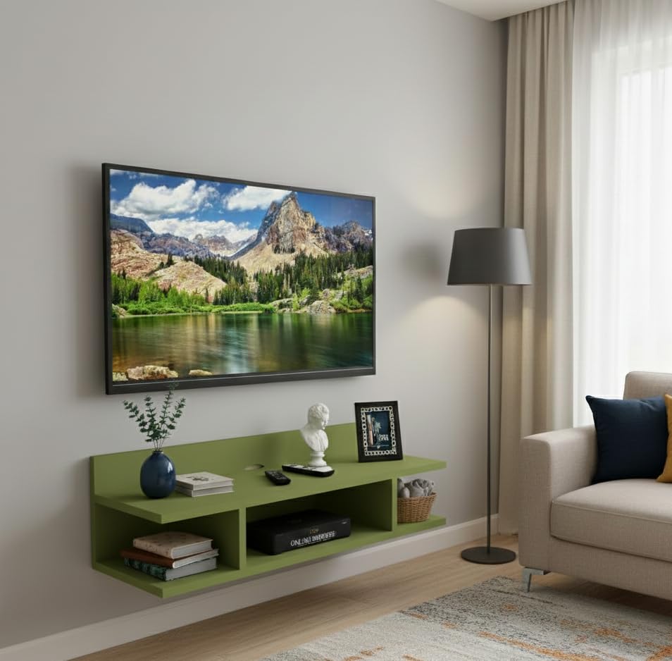 Image of Engineered Wood Set Top Box Stand | Wall Mounted TV Unit Shelf for Router, WiFi, DVD, Gaming Console | Sturdy & Space Saving TV Accessory Organizer (Brown, 50 x 20 x 15 cm) (Olive)