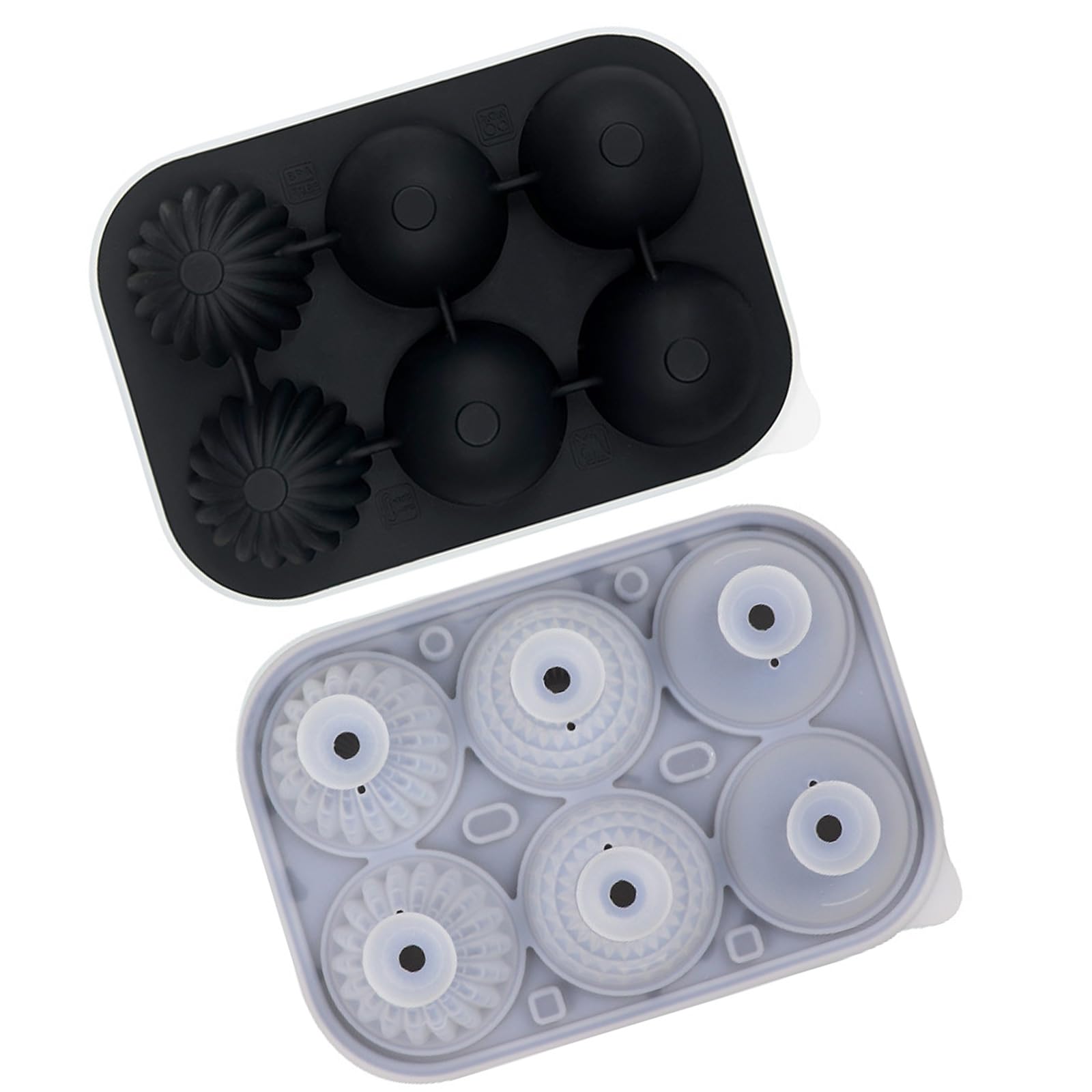 Jazuaiao Decorative Silicone Ice Cubes Tray 6 Round Cavities Efficient Safe Lid Funnel Ice for Cocktails Juices Flower Cubes Maker
