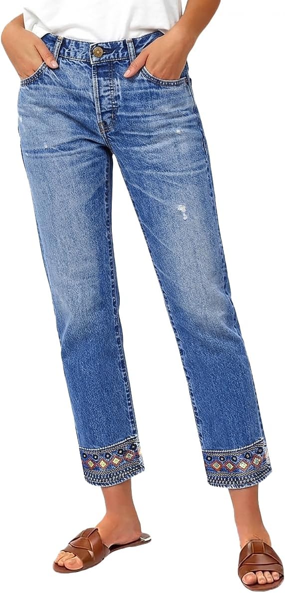 Flamingals Straight Leg Cropped Jeans for Women Trendy Mid Rise Stretchy Tribal Embroidery Raw Hem Ankle Jeans