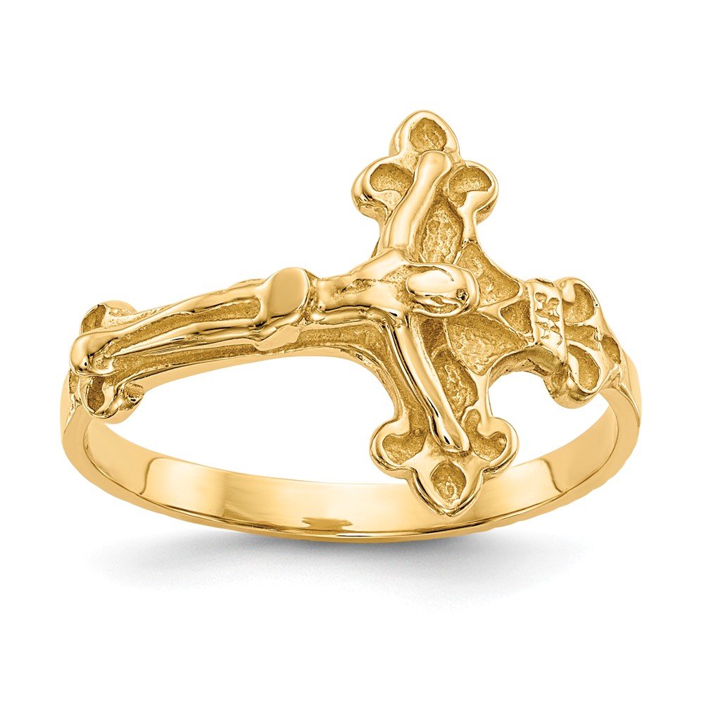 Solid 14k Yellow Gold Satin & Diamond Cut Cross Crucifix Fashion Ring (2mm)