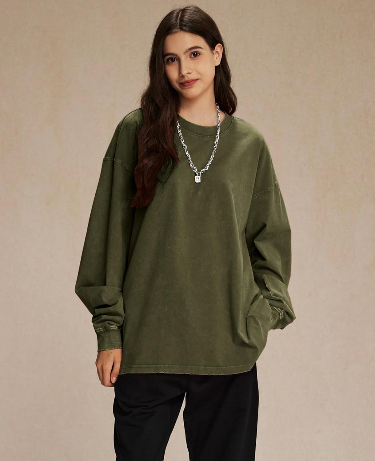 KEEPSHOWING Men's Oversized T Shirts Long Sleeve Shirts for Men Vintage Acid Wash Comfort Colors Crewneck Sweatshirt - Image 5