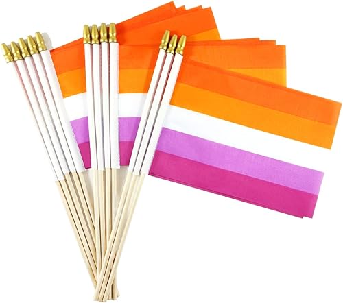 Newperlite Sunset Lesbian Les Pride Stick Flag - Mini banderas LGBT de mano - Poste de madera maciza y parte superior de lanza, paquete de 12, 5 x 8