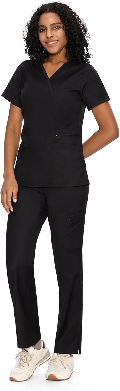 COZYFIT Scrubs for Women - Mock Wrap Top & Straight Leg Pants with 6 Pockets, Back Princess Seams, Soft Fabric - Image 3
