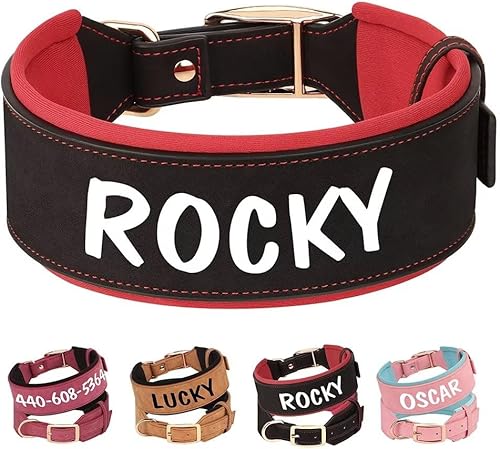 PET ARTIST Collar de perro acolchado de piel sintética duradera para razas de perros medianos y grandes, personalizable con nombre, hebilla de metal