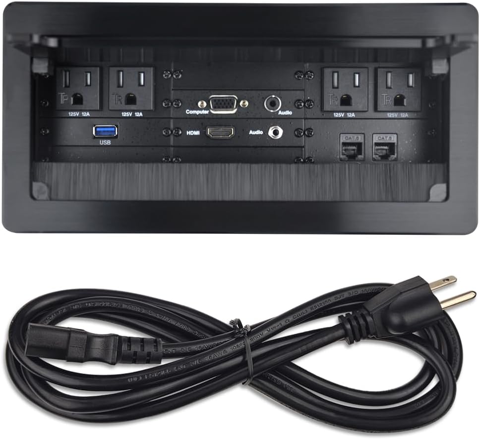 Table Power Brush Connectivity Box with 4 AC Power + 2 RJ45（CAT6） + 2 Audio 3.5mm + 1 VGA + 1 HDMI + 1 USB 3.0 (Female to Female) with 5.58ft Power Cord (Black)