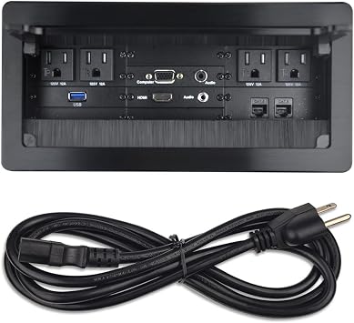 Table Power Brush Connectivity Box with 4 AC Power + 2 RJ45CAT6 + 2 Audio 3.5mm + 1 VGA + 1 HDMI + 1 USB 3.0 Female to Female with 5.58ft Power Cord Black