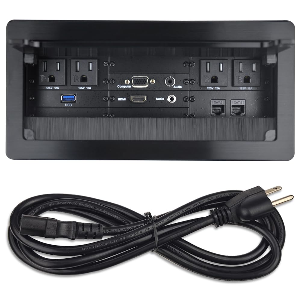 Table Power Brush Connectivity Box with 4 AC Power + 2 RJ45(CAT6) + 2 Audio 3.5mm + 1 VGA + 1 HDMI + 1 USB 3.0 (Female to Female) with 5.58ft Power Cord (Black)