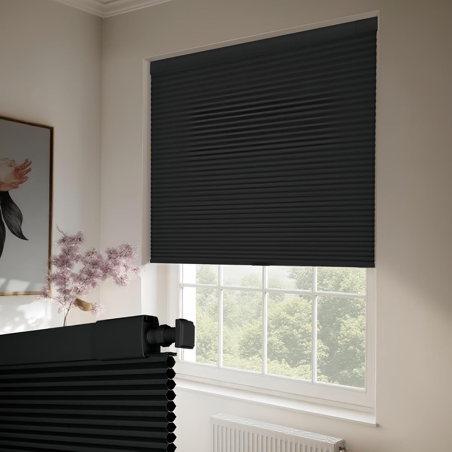 No Drill No Tools Blackout Cellular Shades for Indoor Windows Cordless Honeycomb Blinds Thermal Insulated Noise Reduction,Privacy Protection UV Protection Blinds，Black,48 1/4" W×72" H