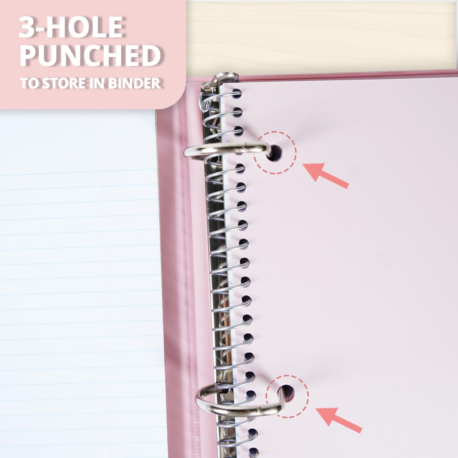 ONAVIA Quaderno a spirale per 5 soggetti, 1 confezione, a righe universitarie, 22,9 x 27,9 cm, 200 fogli, copertina in poliestere, perforato a 3 fori, con divisori e tasche, per studio in classe, rosa