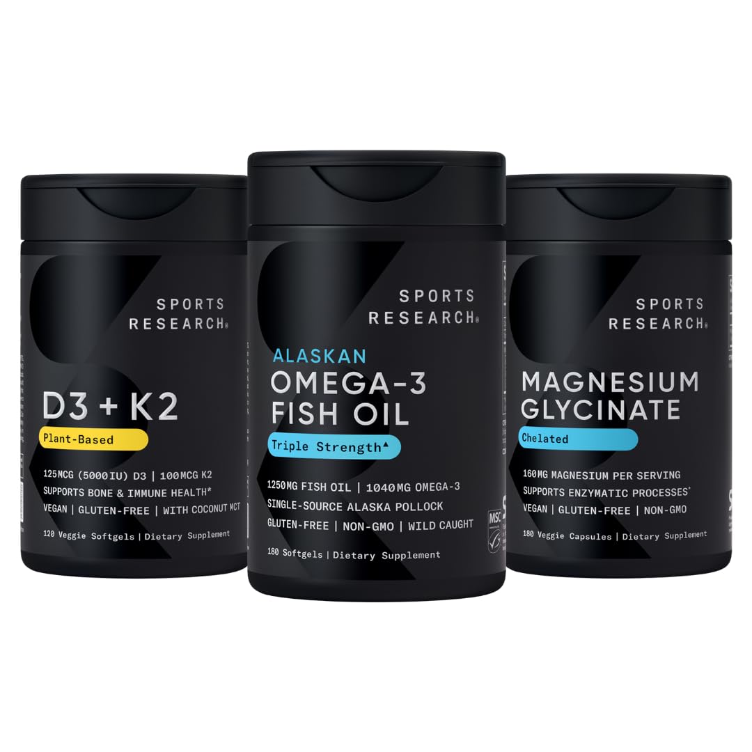 Sports Research® Multivitamin Pack - Alaskan Omega-3 Fish Oil 1250mg, Vitamin D3 5000iu + K2 100mcg, and Chelated Magnesium Glycinate 160mg - Vegan Certified ·