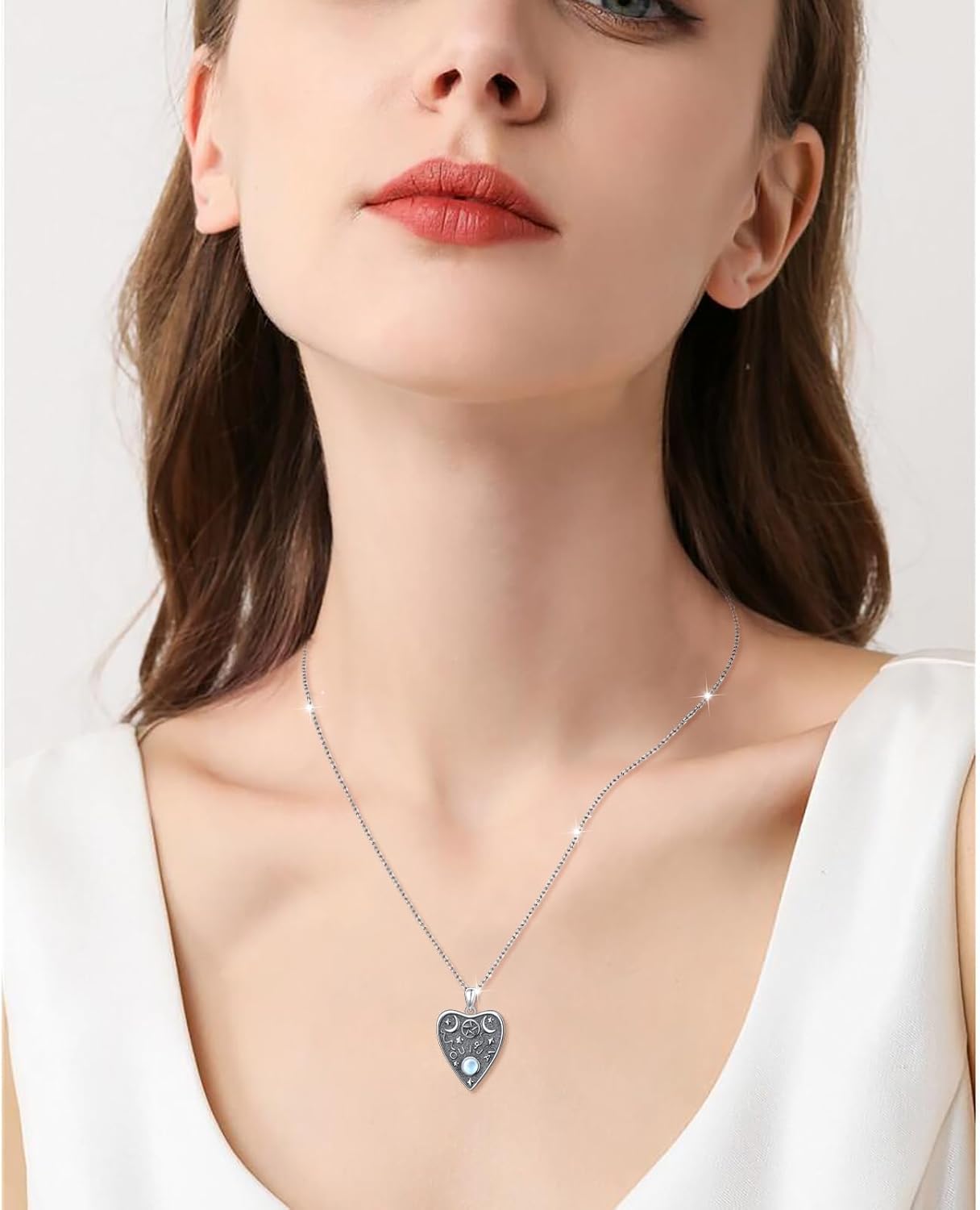 Ladytree Halloween Ouija Necklace 925 Sterling Silver Moonstone Ouija Board Planchette Wiccan Witch Pendant Goth Jewelry Witchy Gifts for Women Men