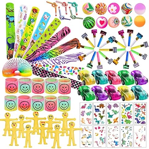 Jatidne Party Bag Fillers for Kids Girls and Boys Assortment Stocking Fillers Lucky Dip Prizes for Kids Party Bags Toy Gift Kids Tattoos Bouncy Balls Slap Bands Rainbow Springs Cover