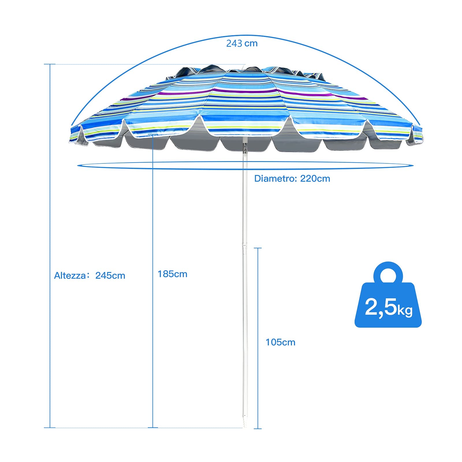 COSTWAY Ombrellone da Spiaggia 243 cm, Portabile, Inclinazione Regolabile, Filtro UV, con Borsa (Blu)