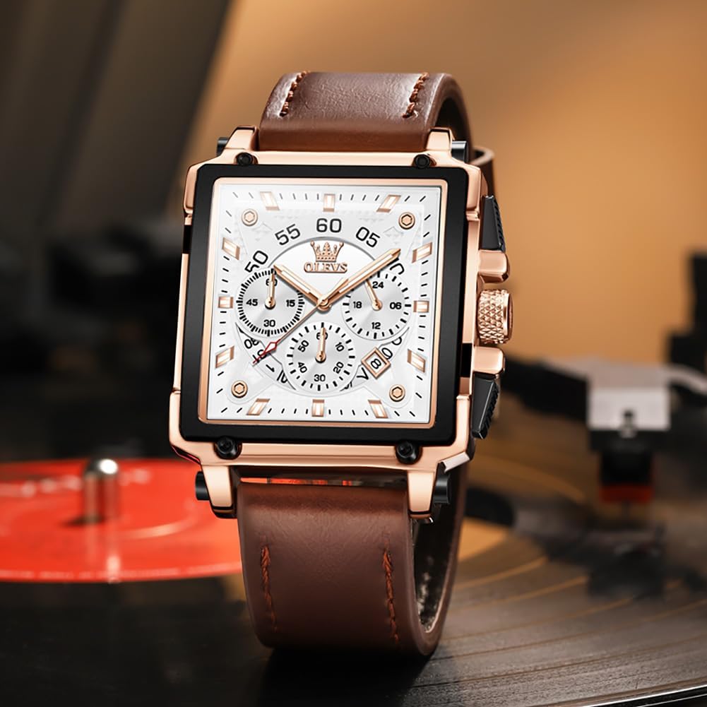 OLEVS Watches for Men Quartz Chronograph Leather Fashion Dress Watch Date Waterproof Luminous Casual Square Business Wrist Watches - Image 3