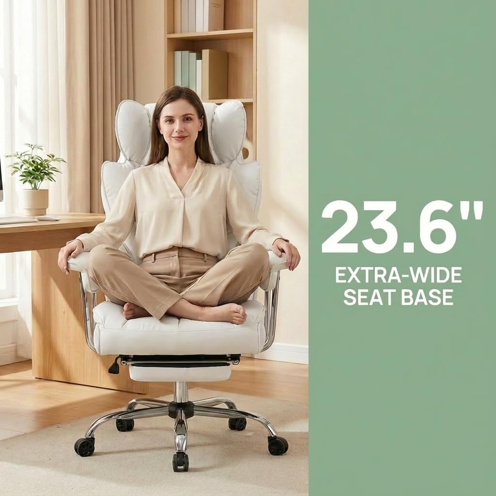 Big and Tall Office Chair 400lbs - Heavy Duty Executive Desk Chair with Footrest, High Back PU Leather Ergonomic Computer Chair with Extra Wide Seat & Thick Cushion for Home Office (White) image 4