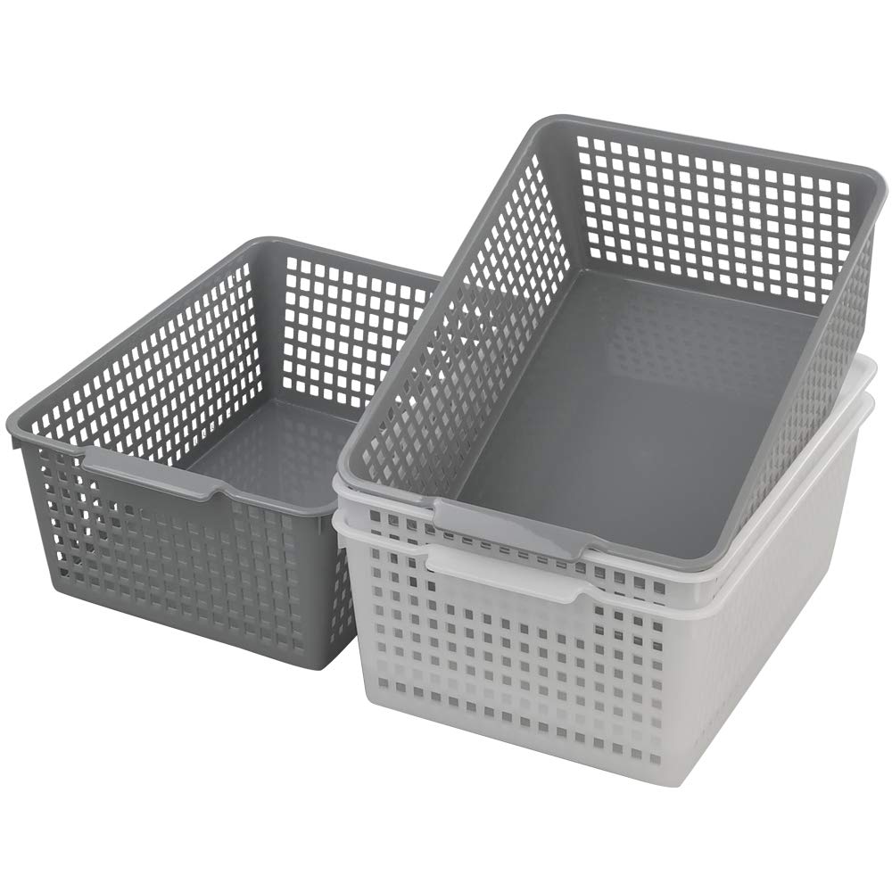 Dynko 4 Packs Large Storage Baskets, Clear Grey Organizer Baskets, Plastic Weave Storage Basket