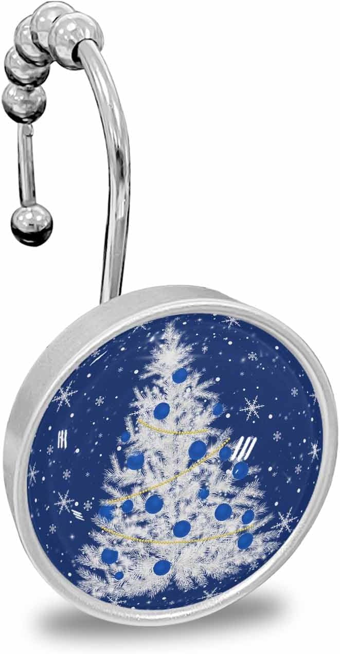 Shower Curtain Hooks 12 Pcs Christmas Ball White Xmas Tree Snowflake Blue Stainless Steel Rust Proof Rolling Shower Curtain Rings, Decorative Shower Curtain Hooks Hangers for Bathroom