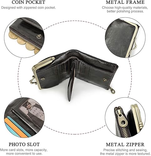 Miniatura 5 de Cartera de cuero con cierre de beso para mujer, con cremallera, bolsillo para monedas, vintage, plegable, Rfid, tarjetero, Marrón, Vintage