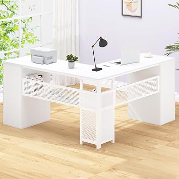 HSH 150cm L Shaped Desk Corner Computer Desk with Drawers Storage White