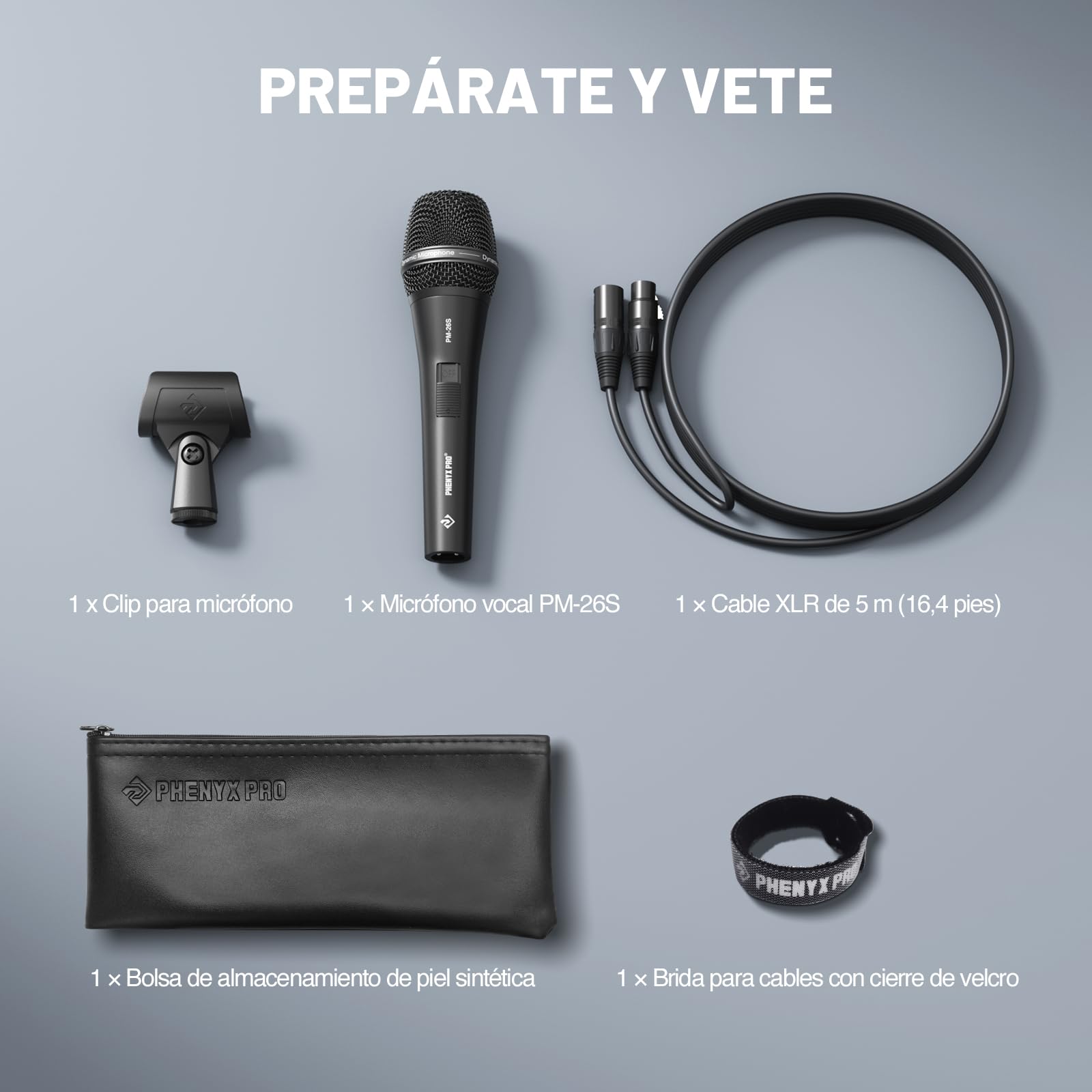 Micrófono Vocal dinámico supercardioide Phenyx Pro PM-26S con Cable XLR de 5 m, Pinza para micrófono y Bolsa de Almacenamiento, micrófono con Cable de Mano para Canto, Escenario, Estudio y Karaoke