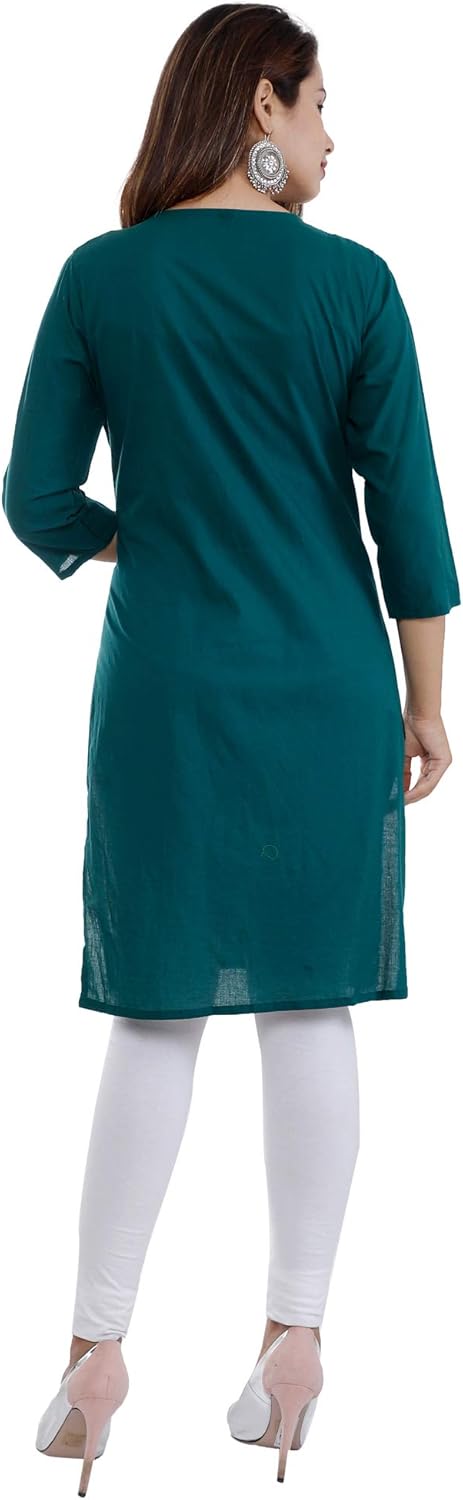 Ramkudi Indian Women's Plain Embroiderd Cotton Straight Kurti Top (Teal) - Image 5