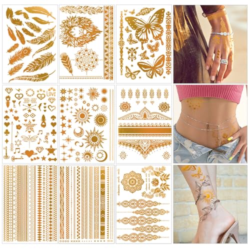 Tatouage Ephemere Femme Or 9 Feuilles Tatouage Temporaire Doré Bohème,Faux Tatouage Femme,Impermeable Peau Tatouage,Tatouage Éphémère pour Fête...