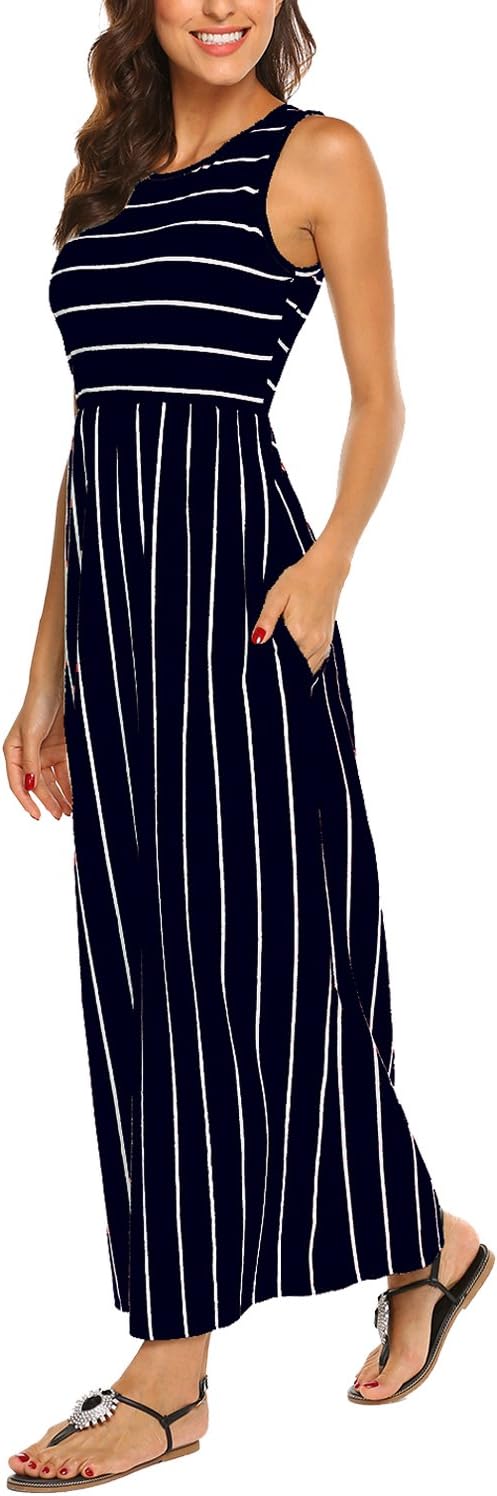 Women's Summer Sleeveless Striped Flowy Casual Long Maxi Dress with Pockets