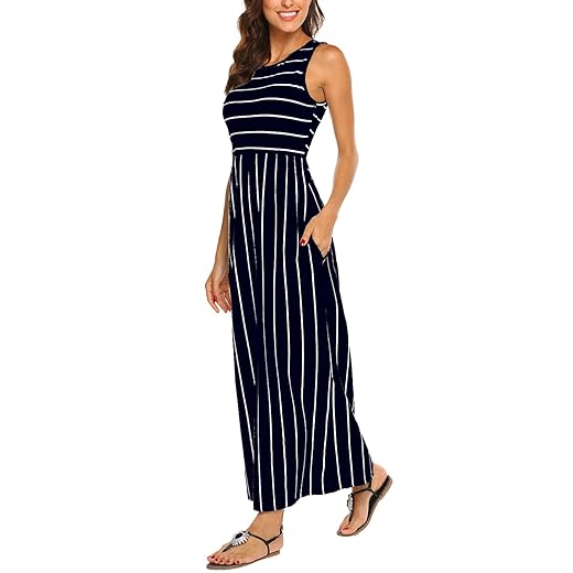 Hount Women's Summer Sleeveless Striped Flowy Casual Long Maxi Dress with Pockets (Navy Blue, Medium)