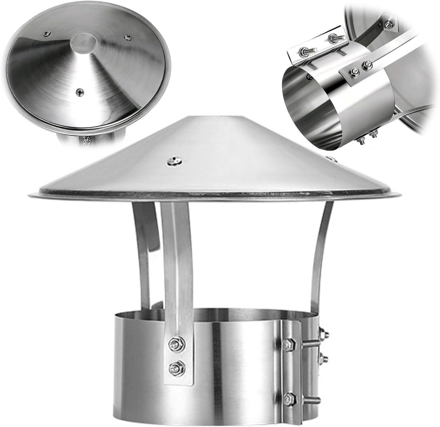 Stainless Steel Wood Stove Pipe Chimney Cap, 3" 4" 5" 6" 7" 8" Adjustable Round Chimney Cover with Widened Band & Double-Screw Fixation, All-Weather Flue Rain Cap for Roof Vent(200mm(8in))