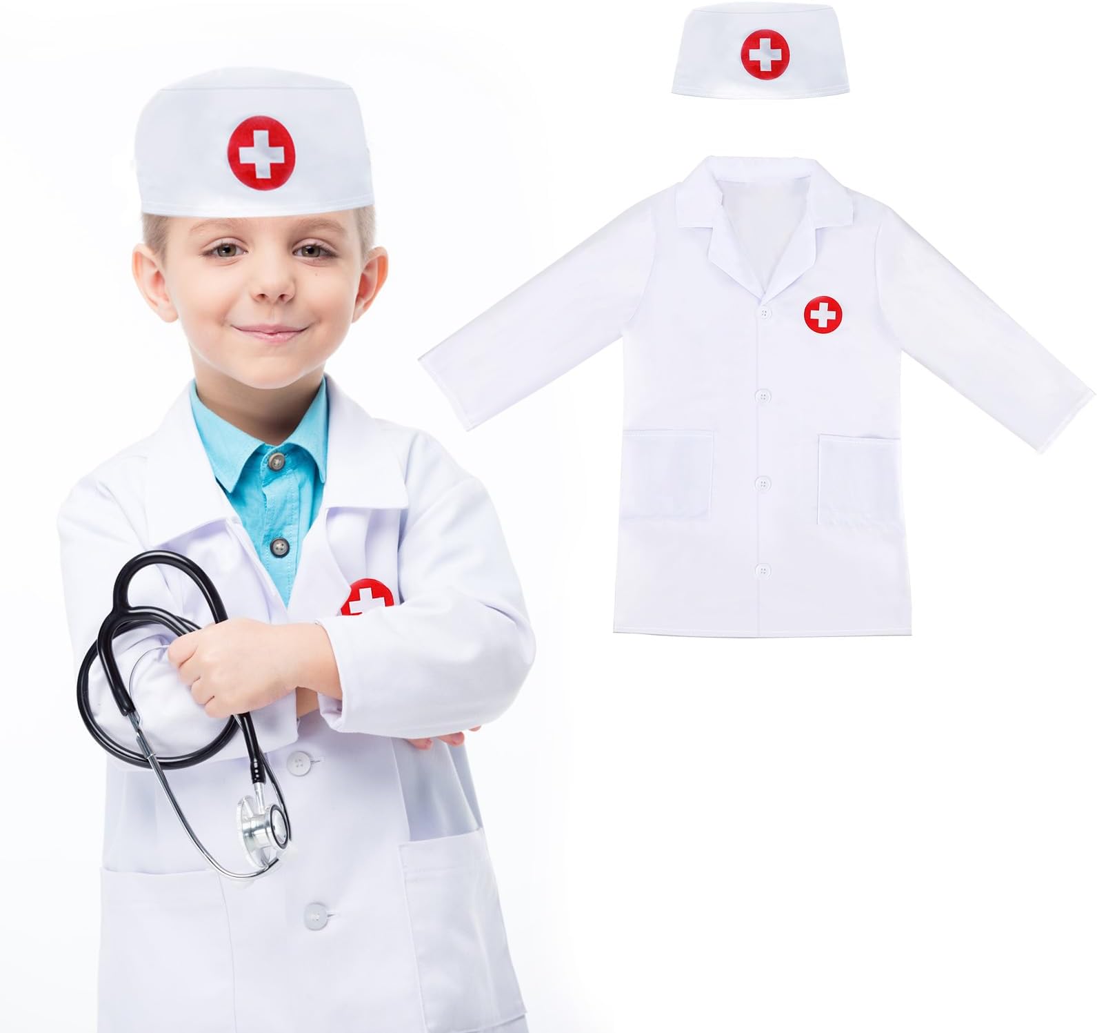 Goerpn Doctor Costume for Kids,Lab Coat Children's Doctors Costume Accessories Doctor Role Play Outfit with Doctor Hat Set for Girls Boys Kids Gifts Birthday Gifts Party Supplies for 1-1.2m(White)