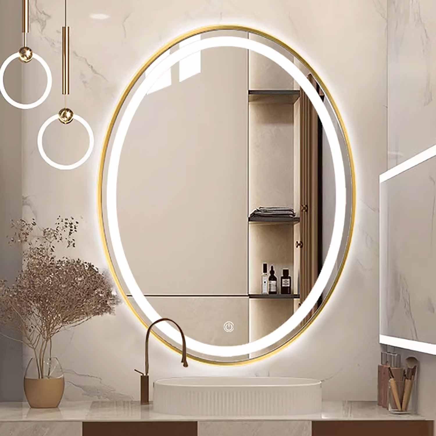 FGXHHS Lighted LED Oval 40"x30" 3 Colors Dimmable Gold Vanity for Wall with Frontlit & Backlit Defogging Shatter-Proof Touch Switch(Frontlit,28x20in)