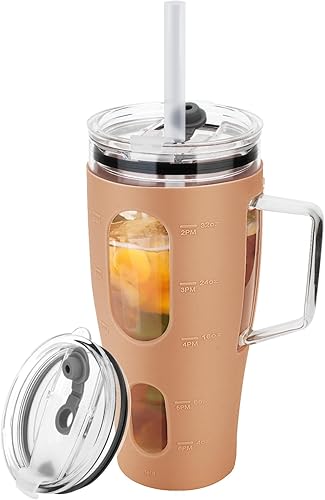 Sursip Vaso de vidrio de 40 onzas con asa, botellas de agua de vidrio con tapa y popote, taza de café helado reutilizable con funda de silicona,