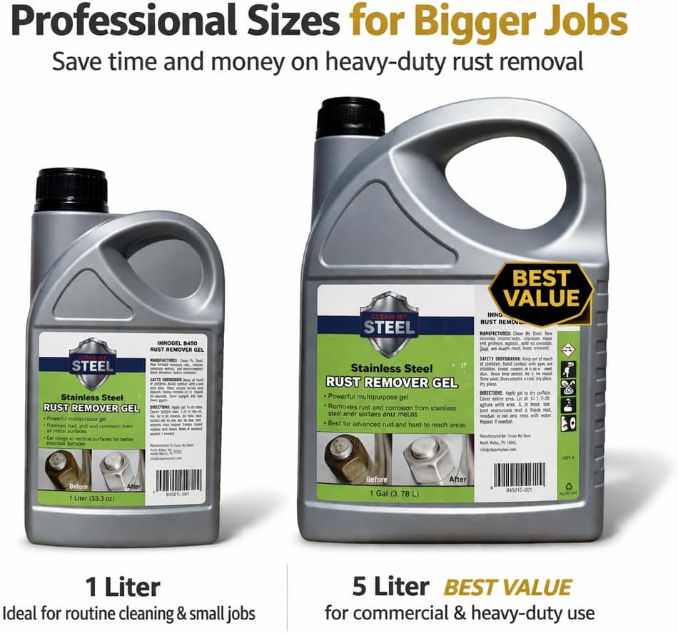 Heavy-Duty Rust Stain Remover for Industrial Use on Stainless Steel, Cleaner and Rust Remover Gel Needs No Scrubbing, Simply Apply and Rinse - 1L