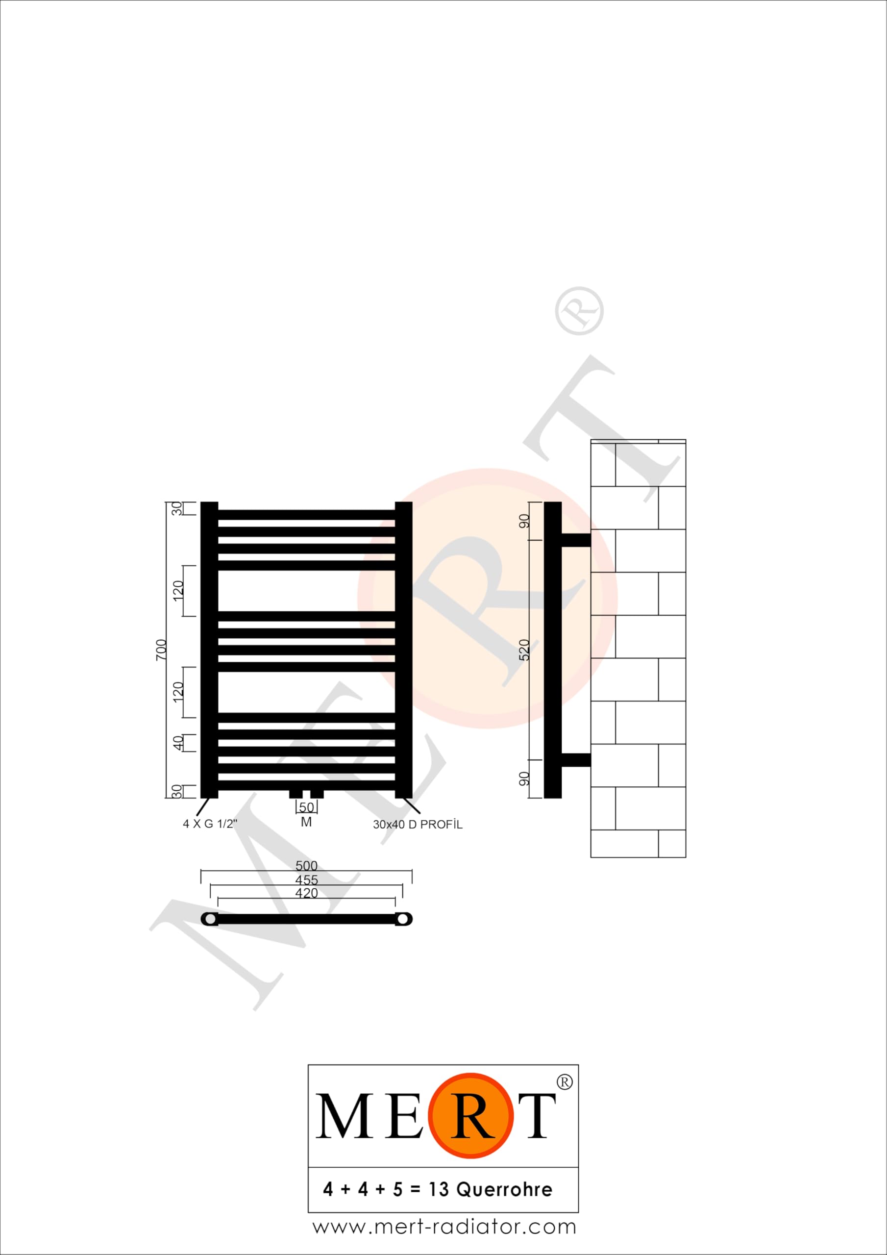 Mert Heizung mit Thermostat Fernwärme Warmwasser Bad-Heizung 700x500 Bad-Heizkörper 1/2 Zoll Mittelanschluss 50 mm weiß Handtuchhalter für Wandmontage
