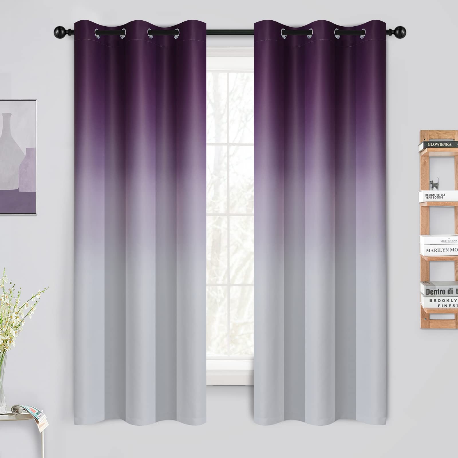 Yakamok Light Blocking Gradient Color Curtains Blackout Curtains Room Darkening Thermal Insulated Grommet Window Drapes for Living Room/Bedroom (2 Panels, 42x63 Inch), Greyish White/Purple