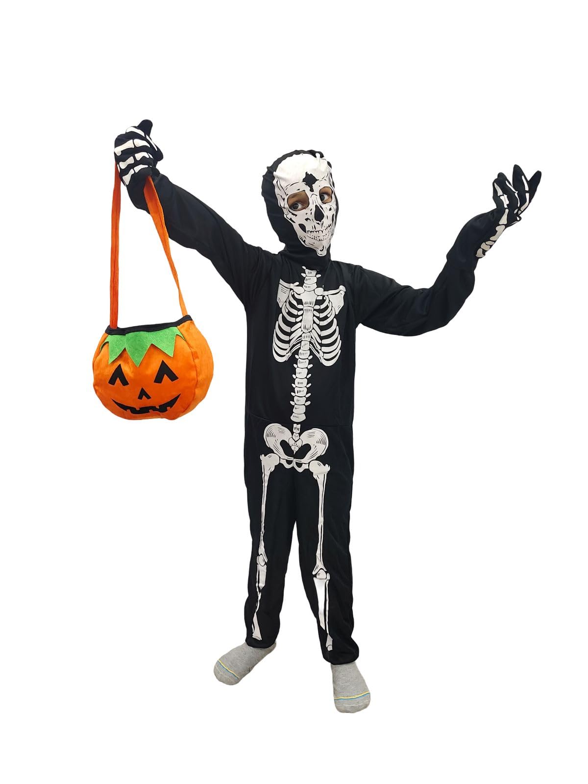 BookMyCostume Scary Ghost Bhoot Skeleton Printed Body Suit with Mask and Gloves with Pumpkin Basket Halloween Costume for Theme Party for Boys | Kids 3-4 Years